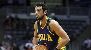 Feb. 15, 2012; Milwaukee, WI, USA; New Orleans Hornets guard Marco Belinelli looks to pass the ball as his team plays the Milwaukee Bucks  at the Bradley Center. New Orleans defeated the Milwaukee 92-89. Mandatory Credit: Mary Langenfeld-US PRESSWIRE